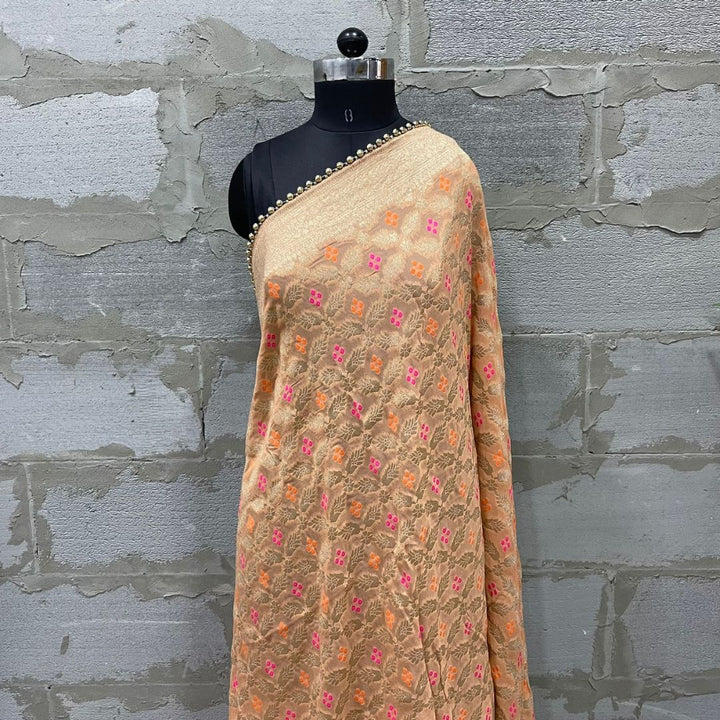 anokherang Dupattas Peach Bandhej Georgette Banarsi Dupatta