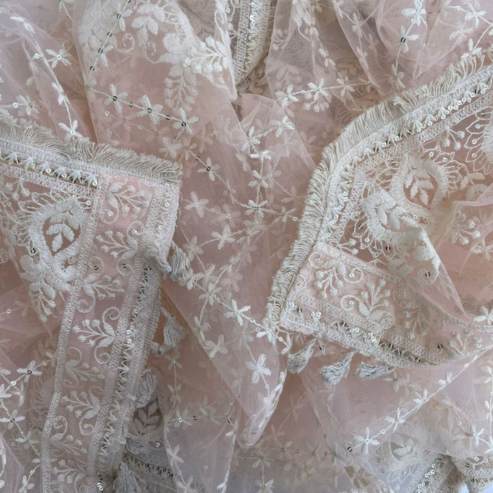 anokherang Dupattas Peach Floral Chikankari Net Dupatta