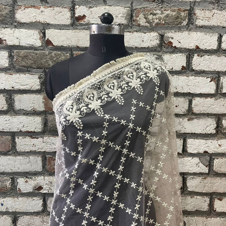 anokherang Dupattas Peach Floral Chikankari Net Dupatta