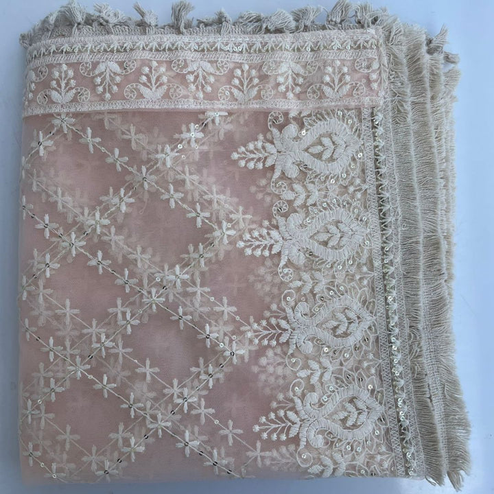 anokherang Dupattas Peach Floral Chikankari Net Dupatta