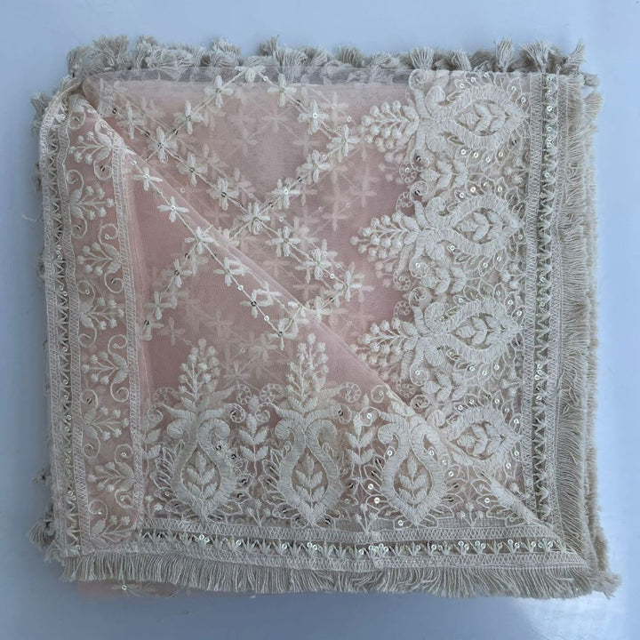 anokherang Dupattas Peach Floral Chikankari Net Dupatta