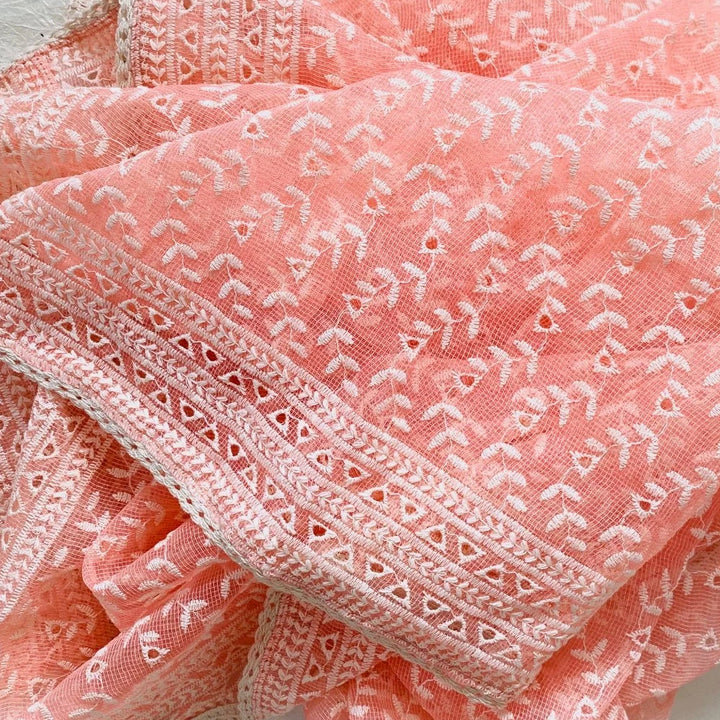 anokherang Dupattas Peach Floral Embroidered Hakooba Cotton Dupatta