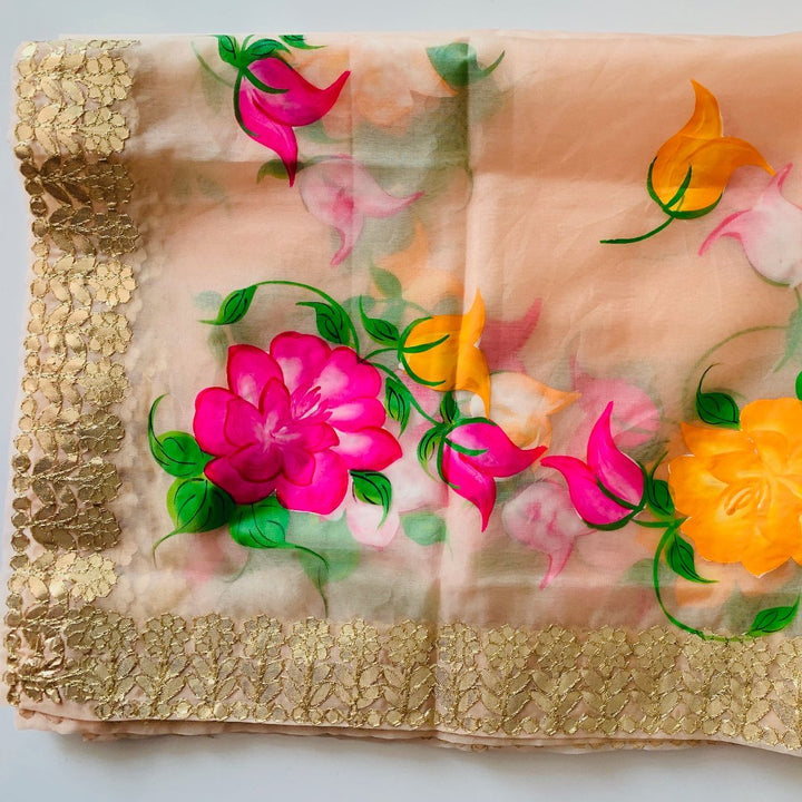 anokherang Dupattas Peach Floral Hand Painted Organza Gotta Embroidered Dupatta