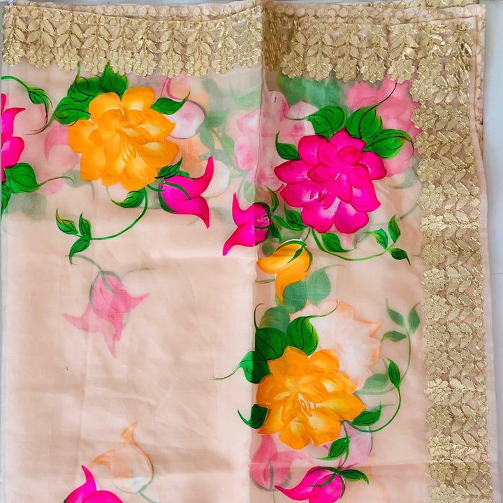 anokherang Dupattas Peach Floral Hand Painted Organza Gotta Embroidered Dupatta