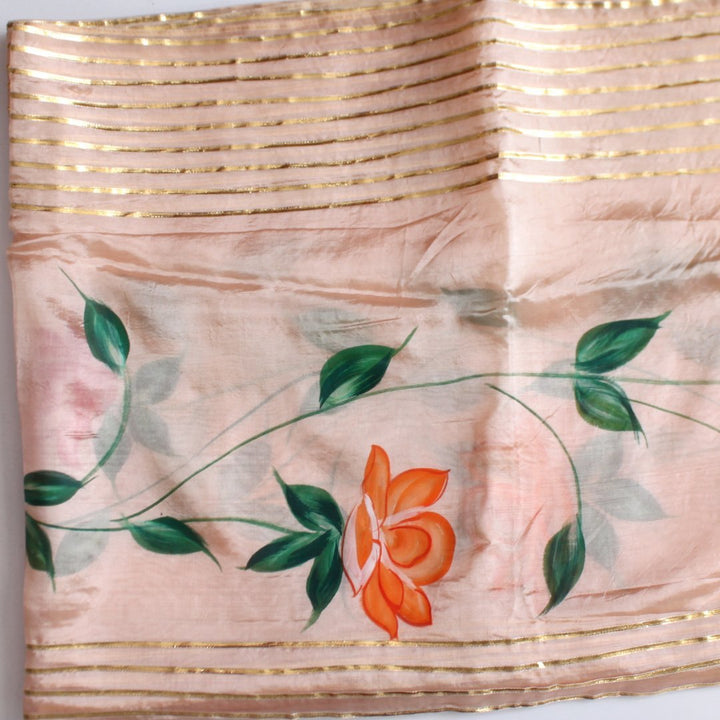 anokherang Dupattas Peach Floral Hand Painted Silk Gotta Dupatta