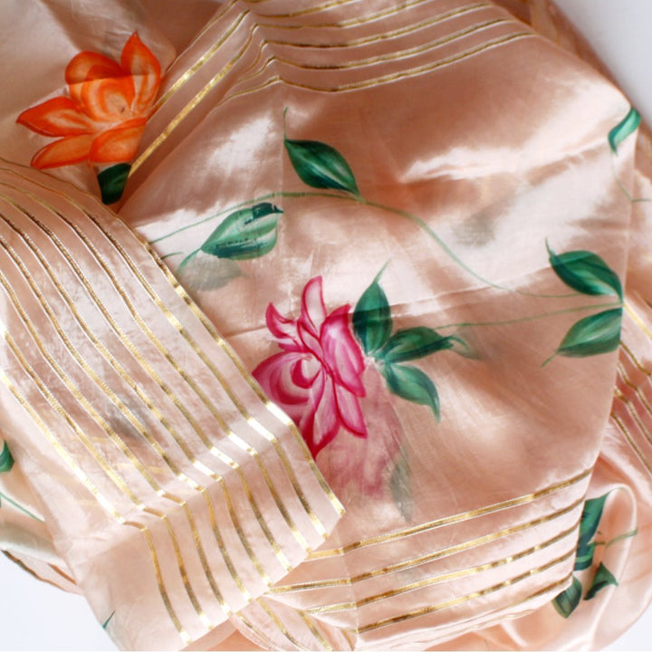 anokherang Dupattas Peach Floral Hand Painted Silk Gotta Dupatta