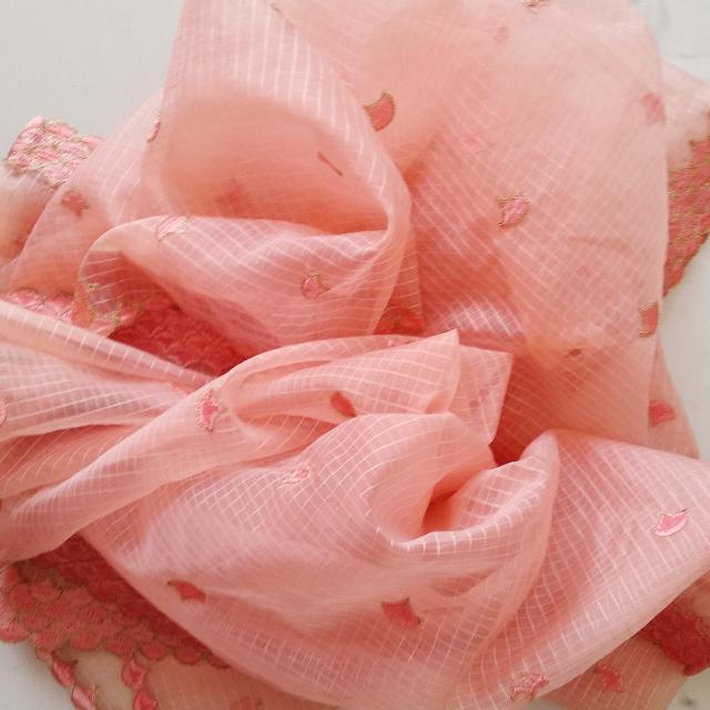anokherang Dupattas Peach Gold and Thread Self Chequered Dupatta