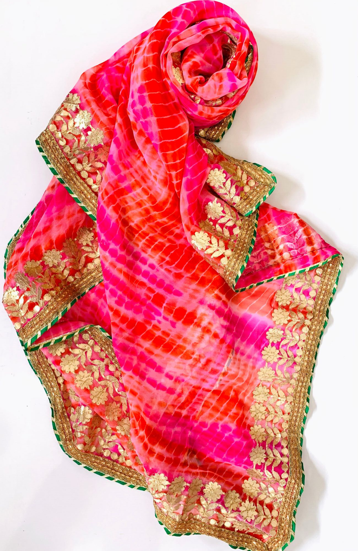 anokherang Dupattas Peach Gotta Patti Floral Chiffon Dupatta