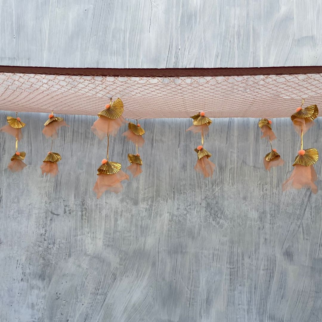 Peach Net Embroidered Bridal Entry Tassel Dupatta anokherang