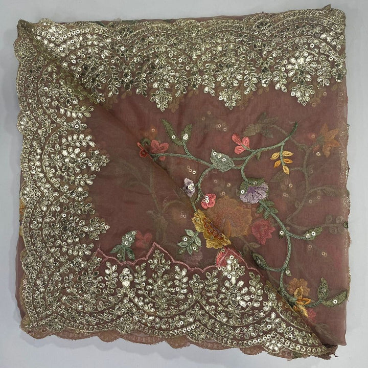 anokherang Dupattas Peach Pink Floral Embroidered Scalloped Organza Dupatta