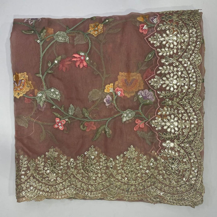 anokherang Dupattas Peach Pink Floral Embroidered Scalloped Organza Dupatta