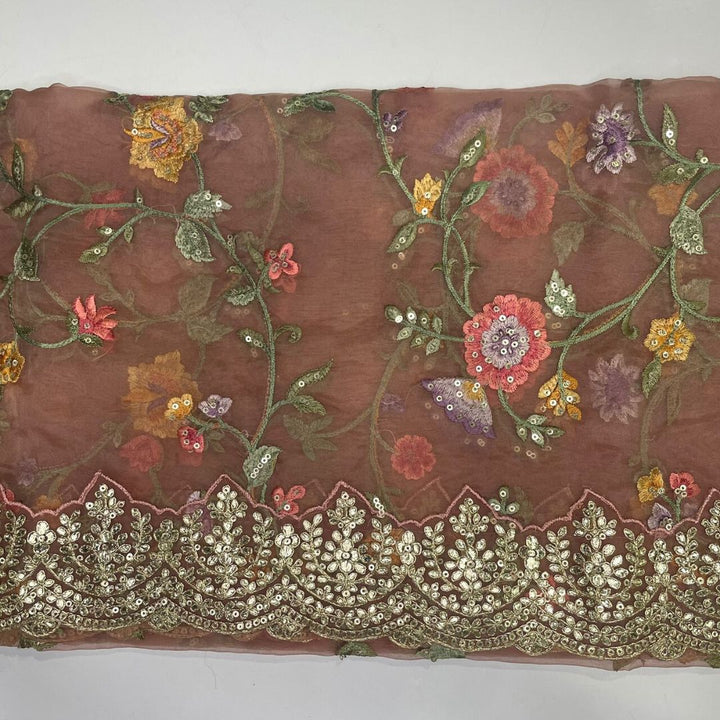 anokherang Dupattas Peach Pink Floral Embroidered Scalloped Organza Dupatta