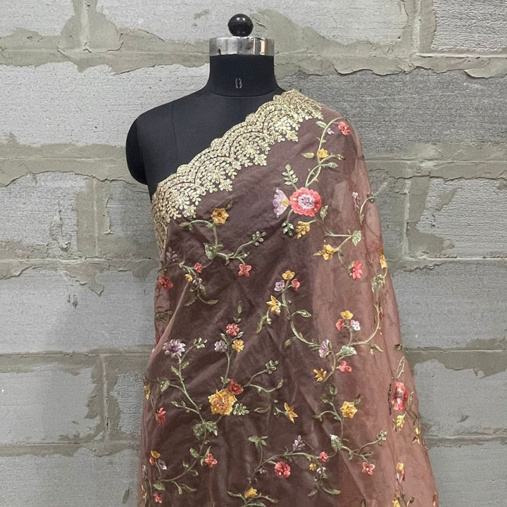 anokherang Dupattas Peach Pink Floral Embroidered Scalloped Organza Dupatta
