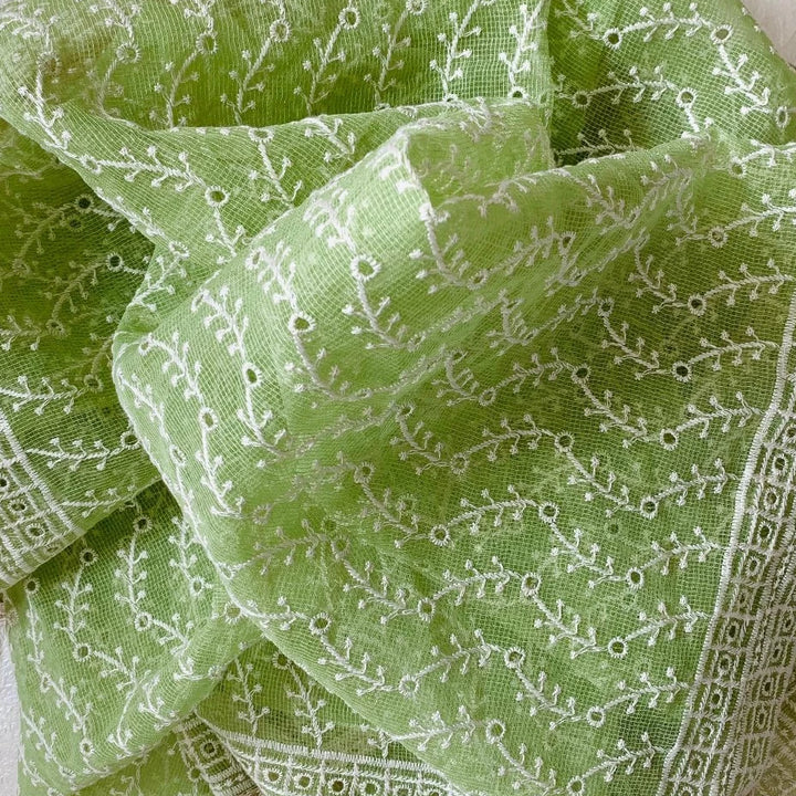 anokherang Dupattas Pear Green Floral Embroidered Hakooba Corron Dupatta