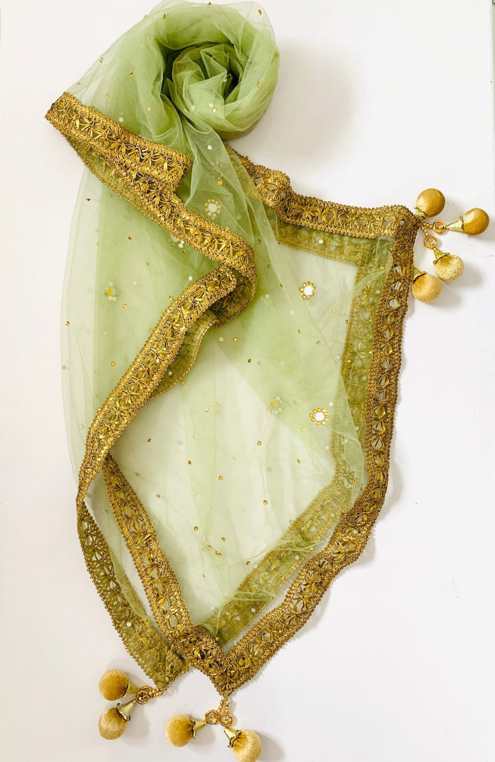 anokherang Dupattas Pear Green Net Gold and Mirror Dupatta