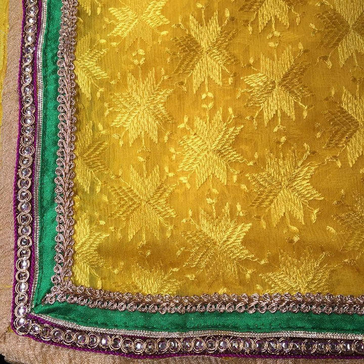 anokherang Dupattas Phulkari Yellow Chiffon Dupatta with Multicoloured Border