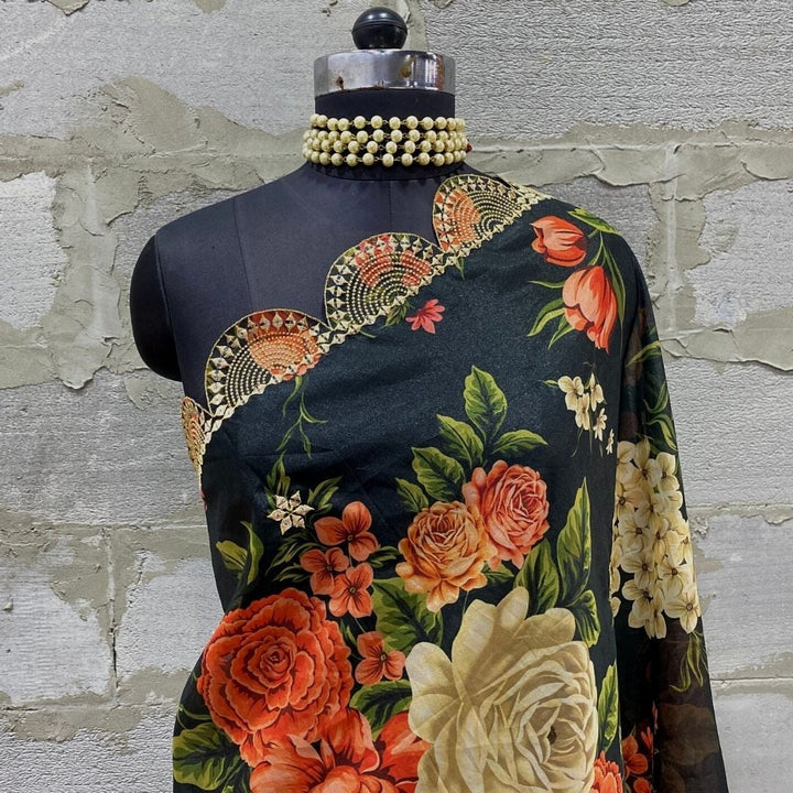 anokherang Dupattas Pine Green Floral Printed Scalloped Organza Dupatta
