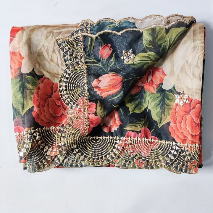 anokherang Dupattas Pine Green Floral Printed Scalloped Organza Dupatta