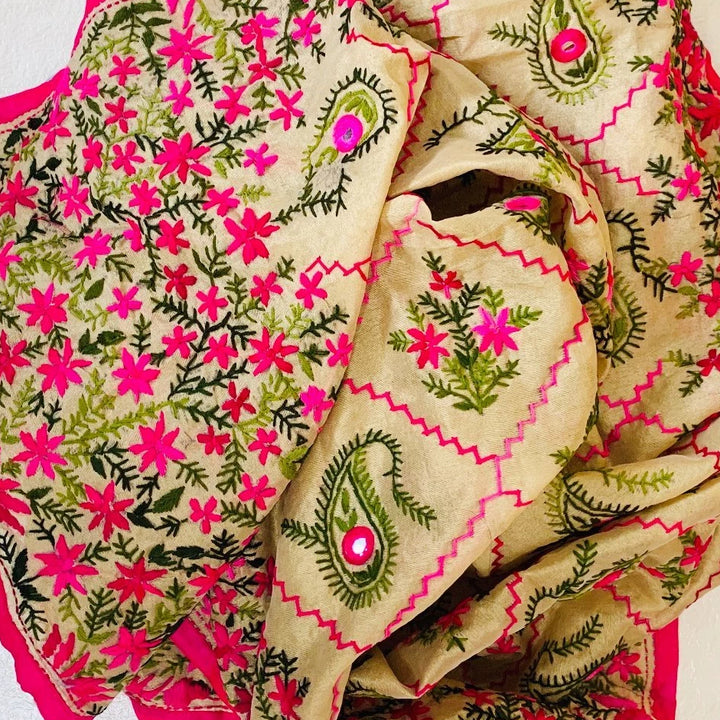 anokherang Dupattas Pink and Green Floral Embroided Chanderi Dupatta
