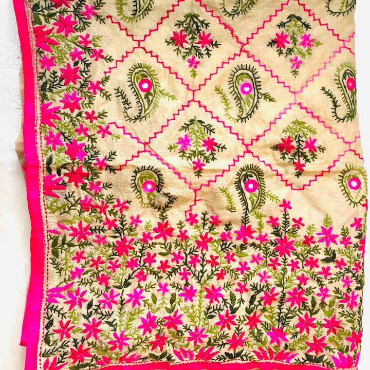 anokherang Dupattas Pink and Green Floral Embroided Chanderi Dupatta