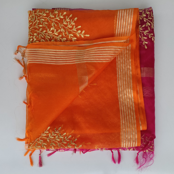 anokherang Dupattas Pink and Orange Festive Chanderi Dupatta with Zari work