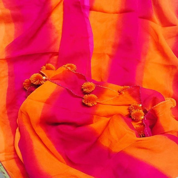 anokherang Dupattas Pink and Orange Striped Chiffon Dupatta with Orange Latkans