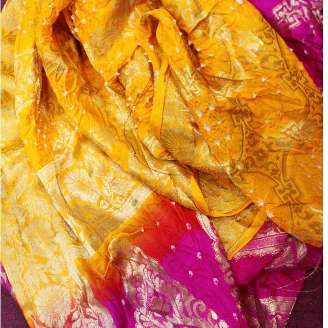 anokherang Dupattas Pink and Yellow Tie and Dye Silk Bhandej Dupatta