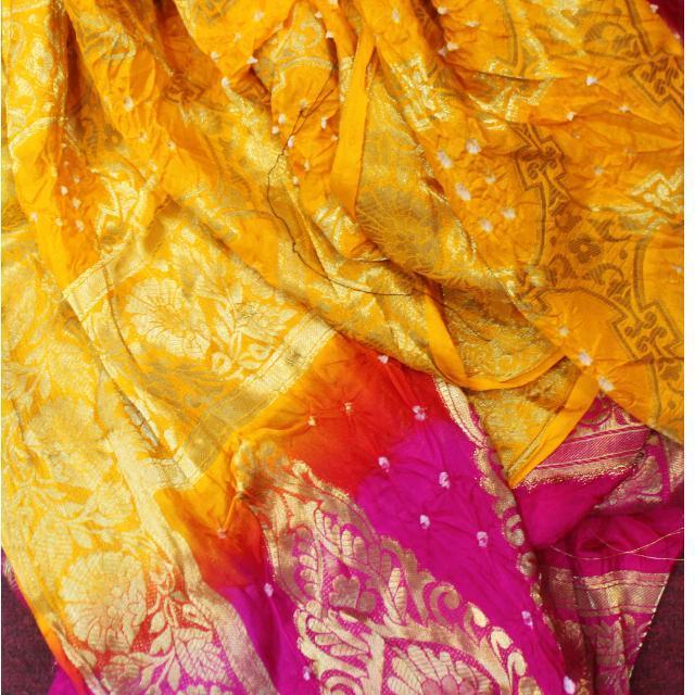 anokherang Dupattas Pink and Yellow Tie and Dye Silk Bhandej Dupatta