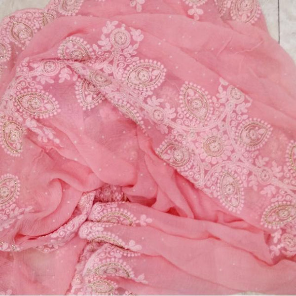 anokherang Dupattas Pink Chiffon Thread Embroidered Chiffon Dupatta