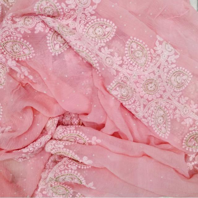 anokherang Dupattas Pink Chiffon Thread Embroidered Chiffon Dupatta