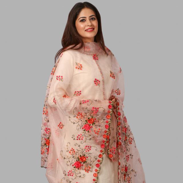 anokherang Dupattas Pink Floral Embroidered Organza Dupatta