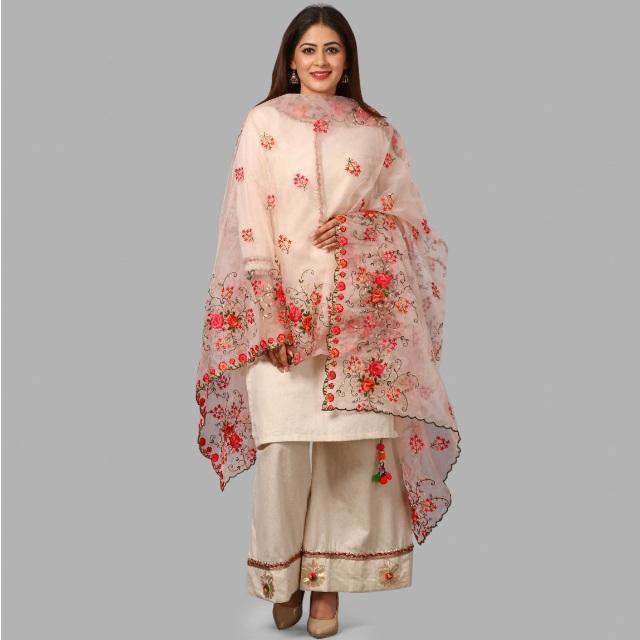anokherang Dupattas Pink Floral Embroidered Organza Dupatta