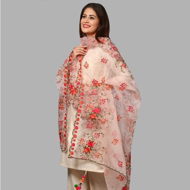 anokherang Dupattas Pink Floral Embroidered Organza Dupatta