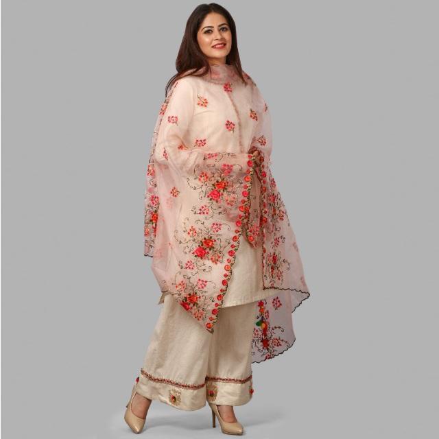 anokherang Dupattas Pink Floral Embroidered Organza Dupatta