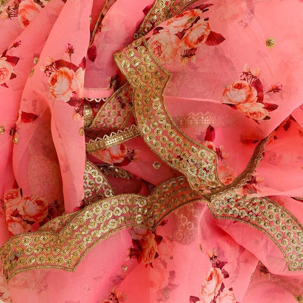 Pink Floral Printed Embroidered Organza Dupatta