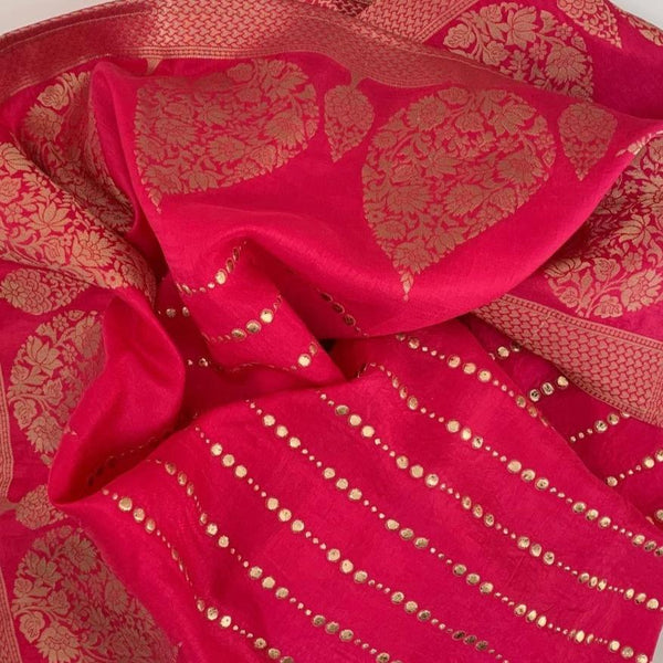 anokherang Dupattas Pink Foil Printed Weaved Banarsi Dupatta