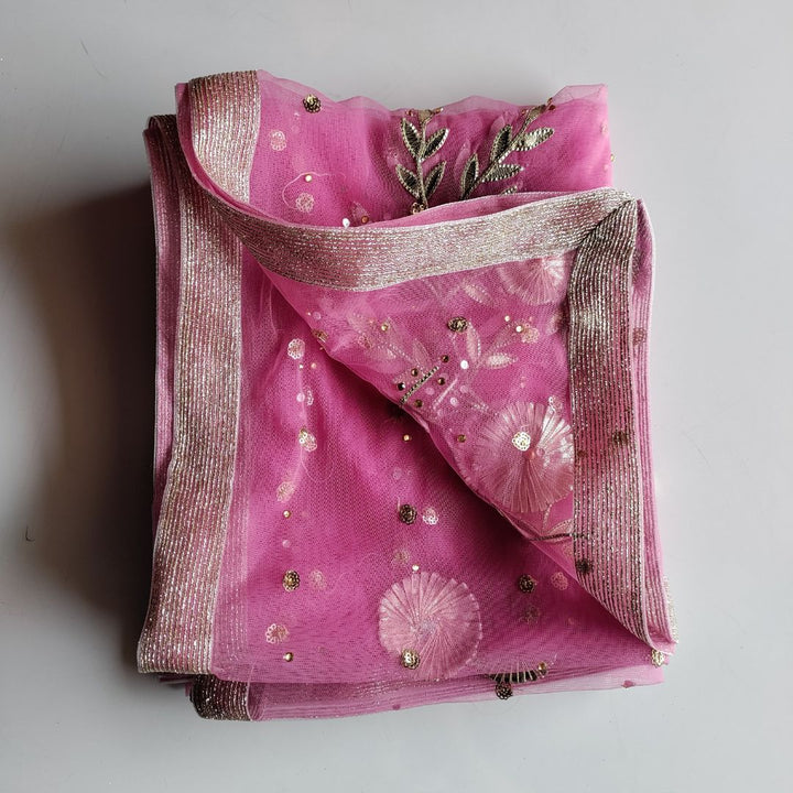 anokherang Dupattas Pink Gota Floral Stone Embroidered Net Dupatta