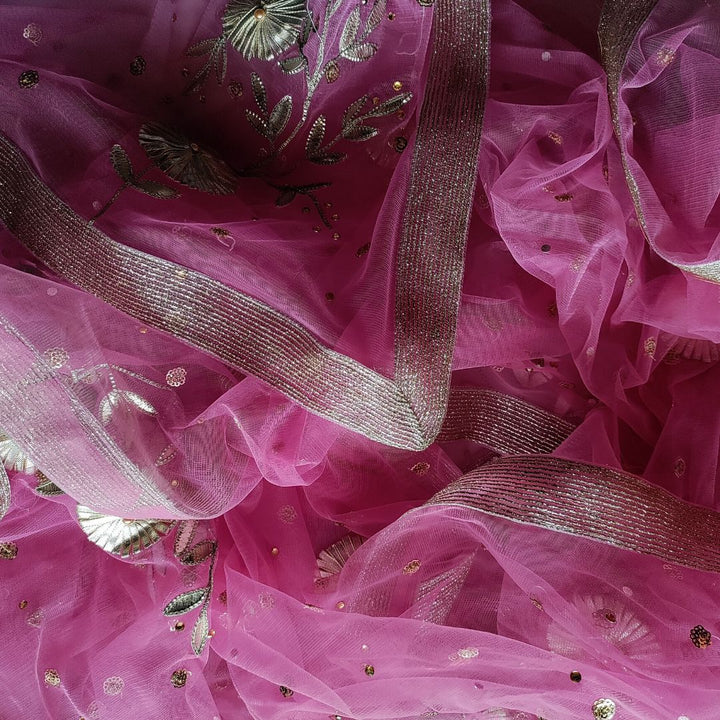 anokherang Dupattas Pink Gota Floral Stone Embroidered Net Dupatta