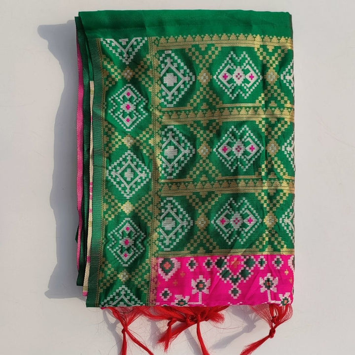 anokherang Dupattas Pink Green Ikkat Printed Silk Dupatta