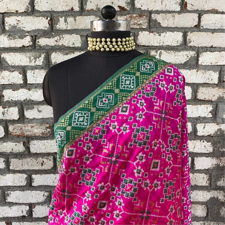 anokherang Dupattas Pink Green Ikkat Printed Silk Dupatta