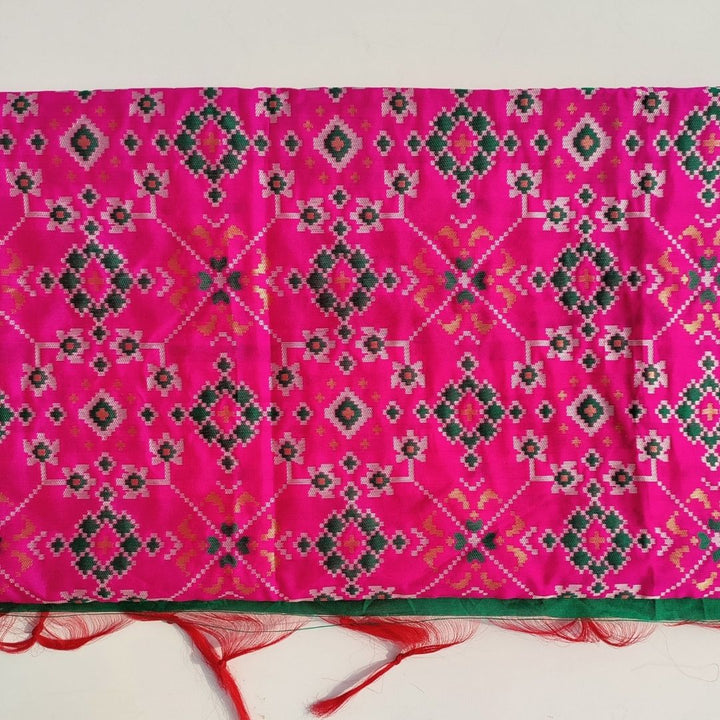 anokherang Dupattas Pink Green Ikkat Printed Silk Dupatta