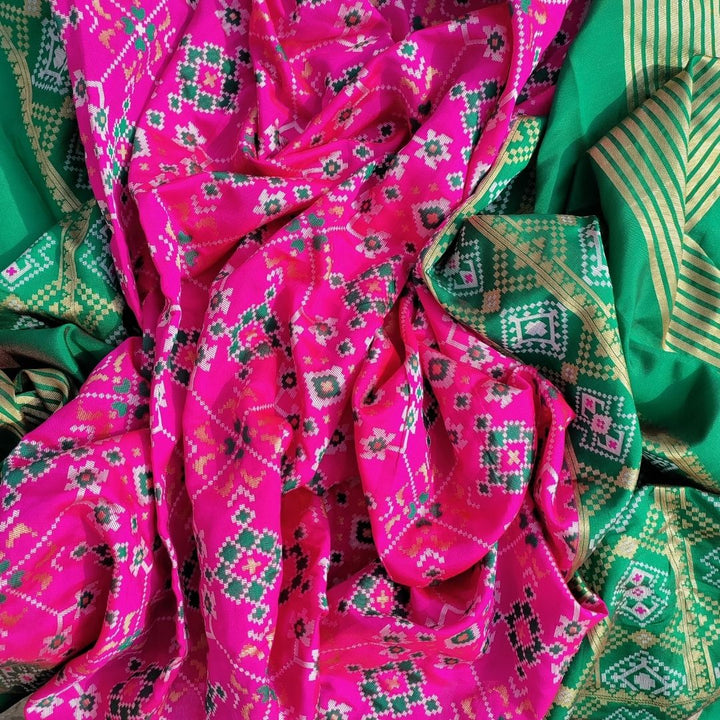 anokherang Dupattas Pink Green Ikkat Printed Silk Dupatta
