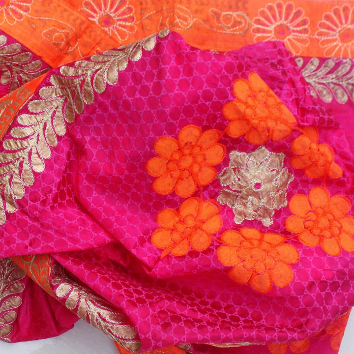 anokherang Dupattas Pink Orange Foil Printed Embroidered Dupatta