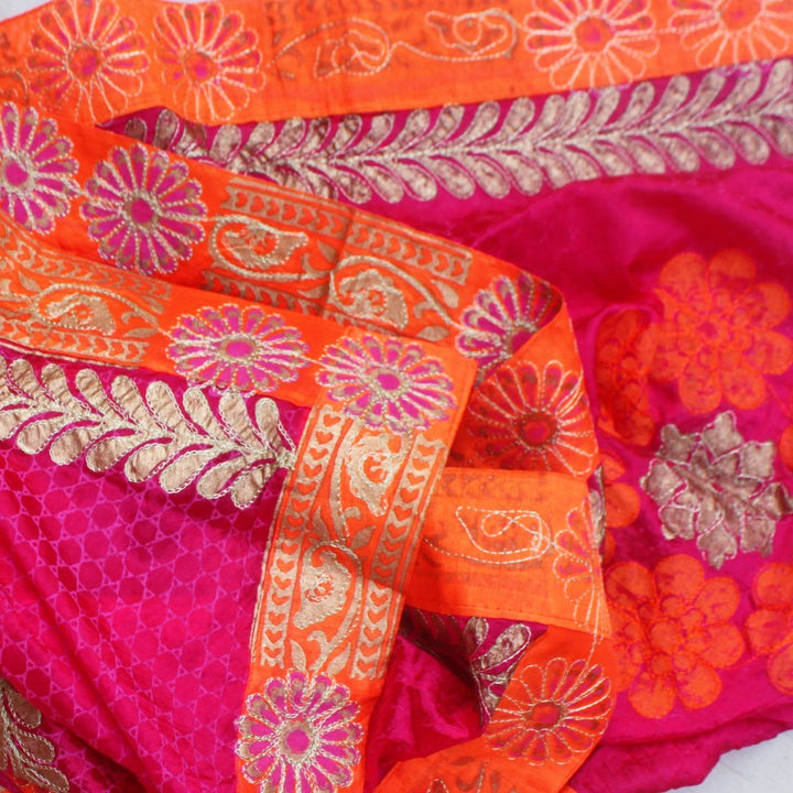 anokherang Dupattas Pink Orange Foil Printed Embroidered Dupatta