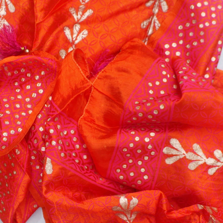 anokherang Dupattas Pink Orange Silk Foil Printed Dupatta