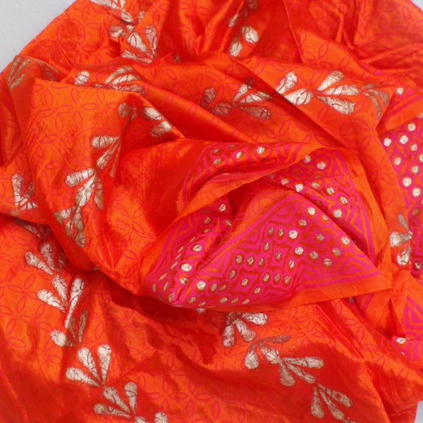 anokherang Dupattas Pink Orange Silk Foil Printed Dupatta