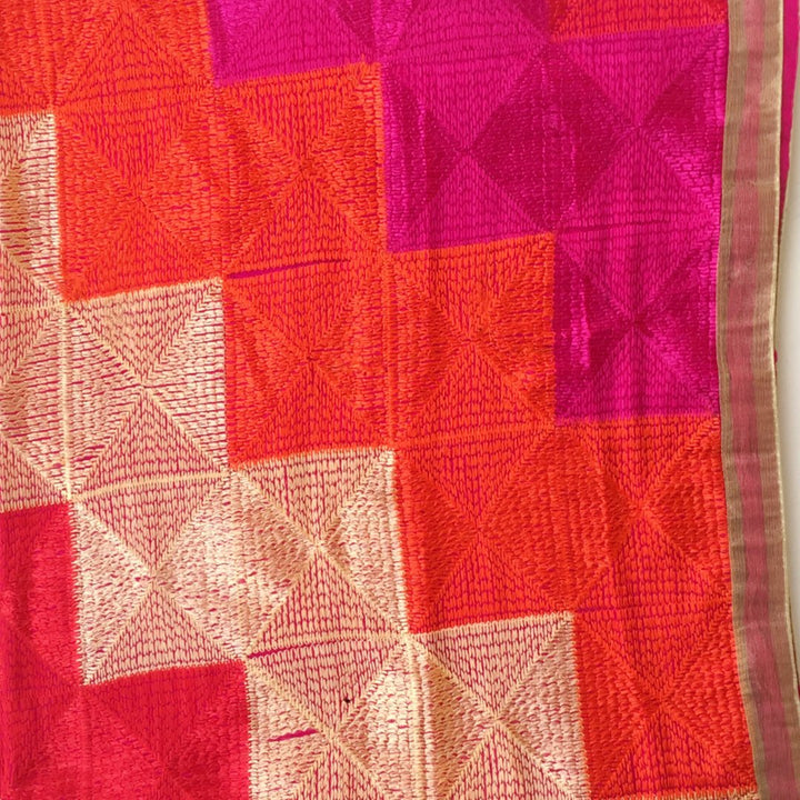 anokherang Dupattas Pink Red Gold Phulkari Dupatta