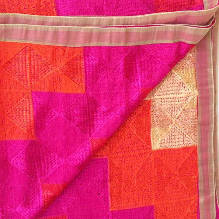 anokherang Dupattas Pink Red Gold Phulkari Dupatta