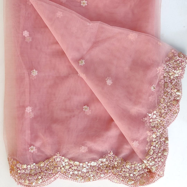 anokherang Dupattas Pink Seqence Embroidered Scalloped Net Dupatta