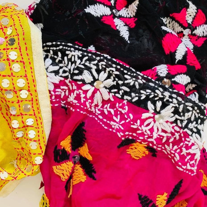anokherang Dupattas Pink Yellow and Black Phulkari Dupatta